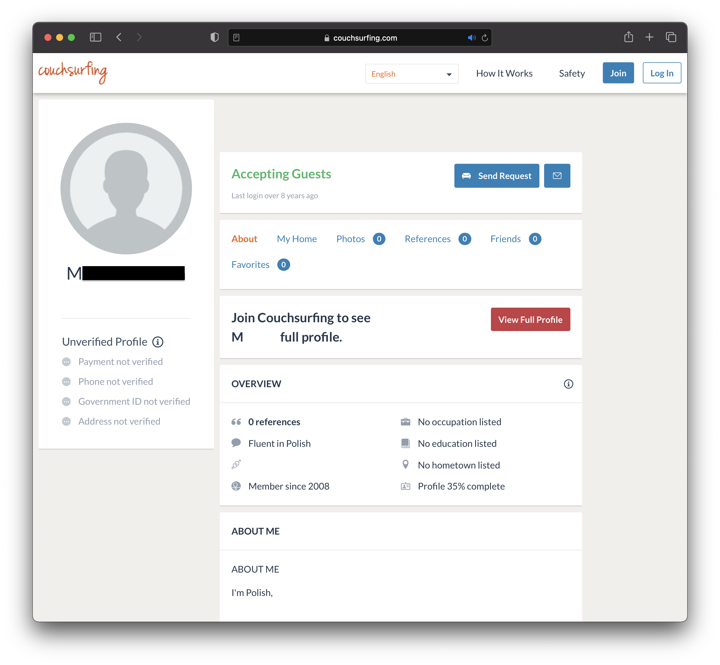 Zrzut ekranu profilu na Couchsurfing