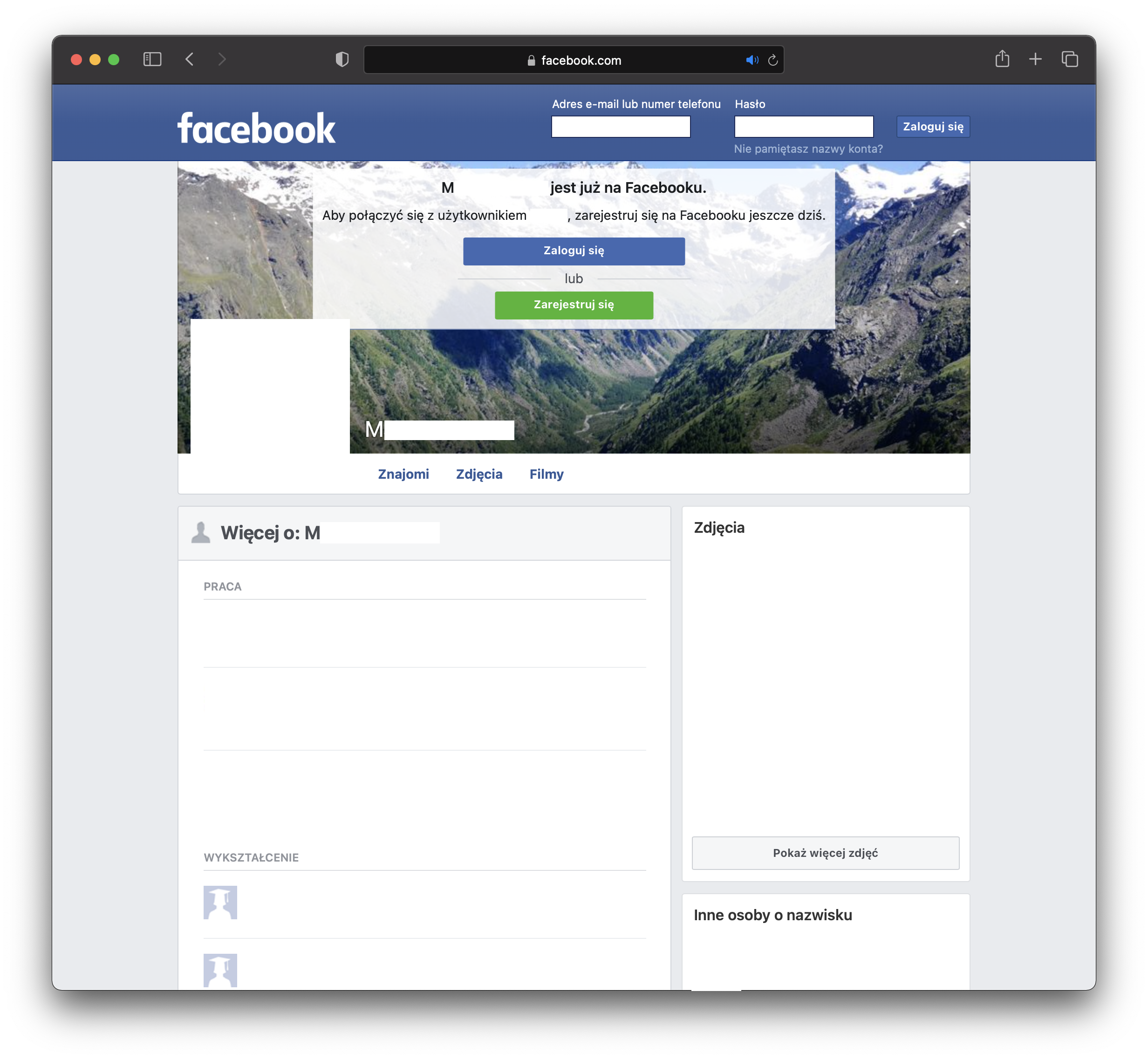 Zrzut ekranu profilu na Facebook