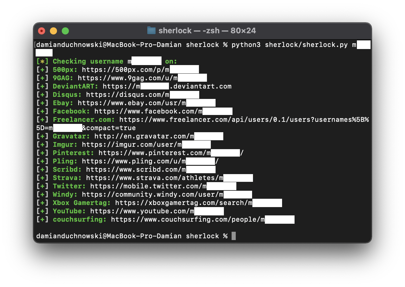 Zrzut ekranu z wynikami skryptu sherlock.py